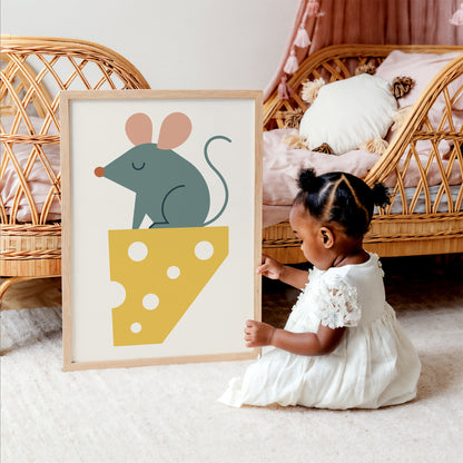 Little Mouse on Cheese – Whimsical Animal Art Print for Kids