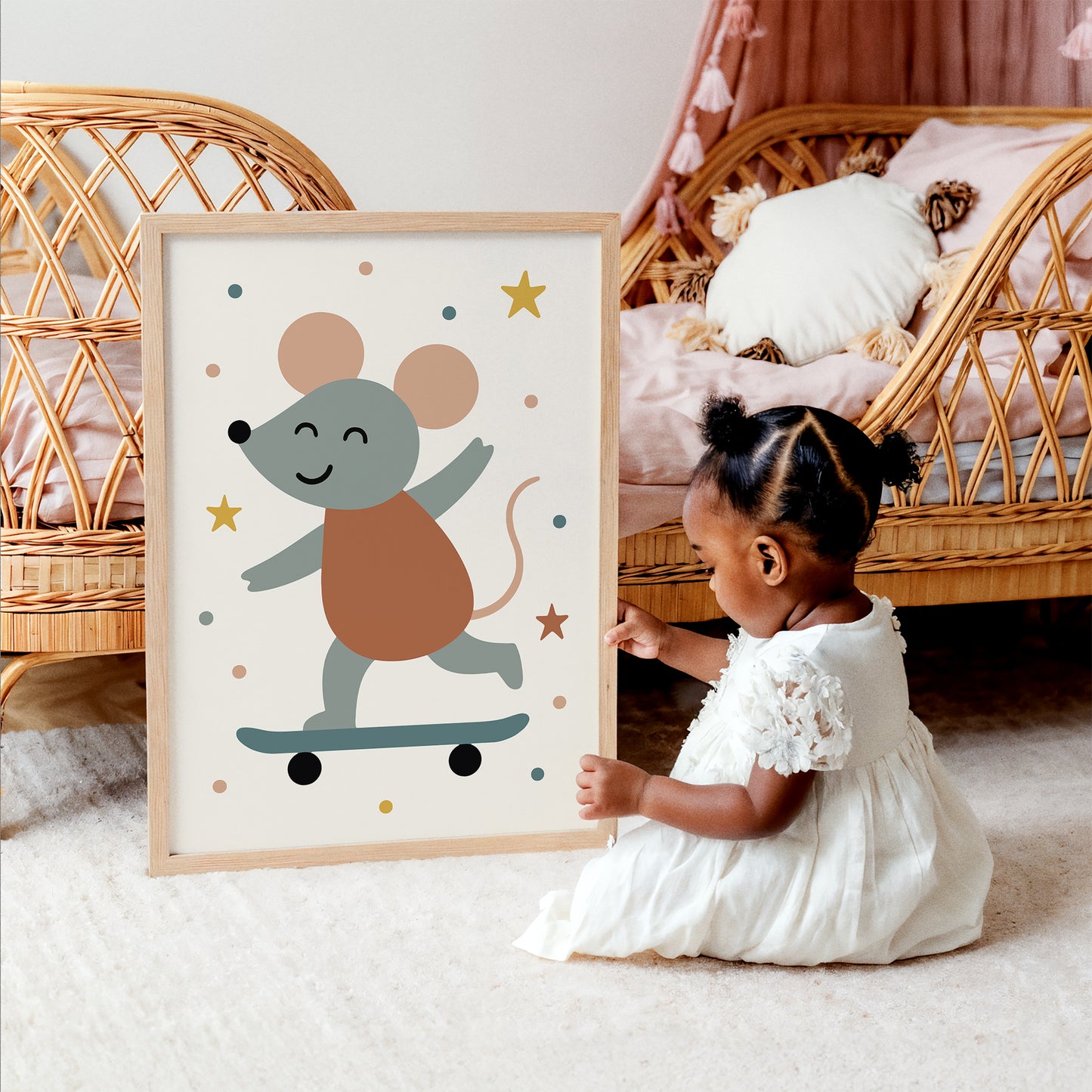 Cute Mouse Skateboarding Art Print – Kids Room Decor