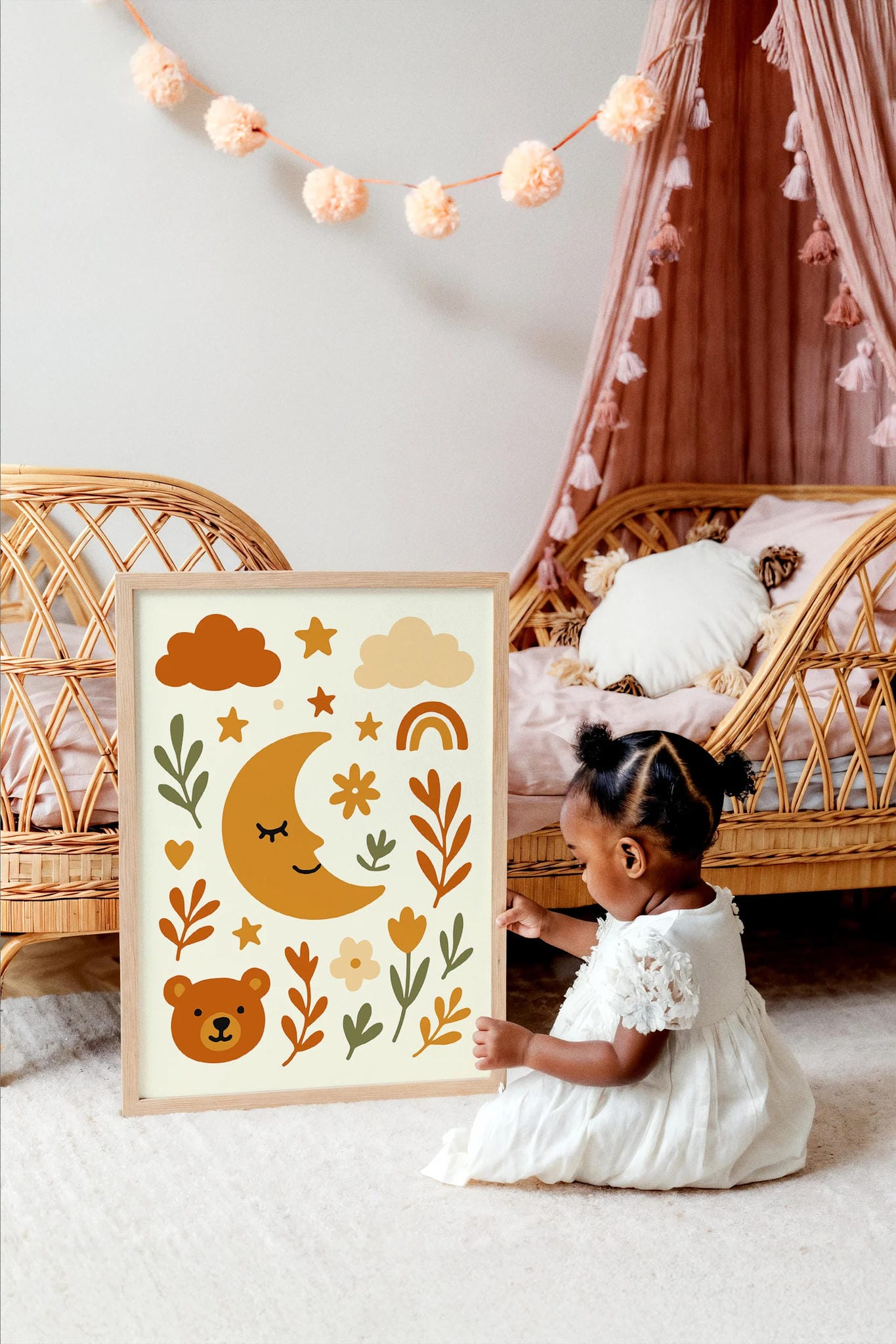 Boho Bear & Moon Poster – Floral Wall Art