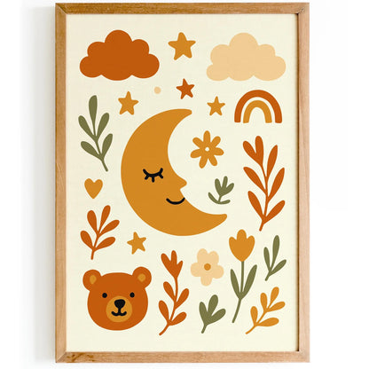 Boho Bear & Moon Poster – Floral Wall Art