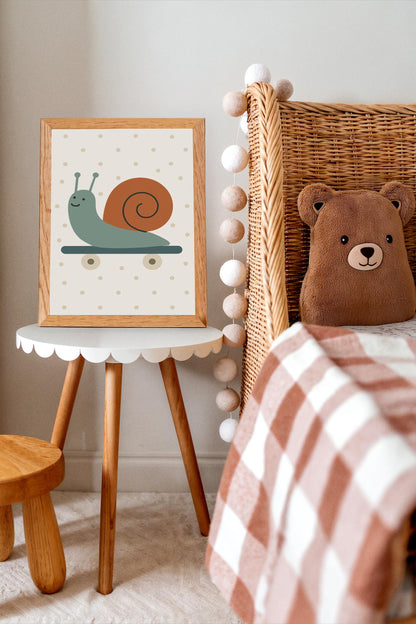 Skateboarding Snail Print - Scandinavian Kids Wall Art