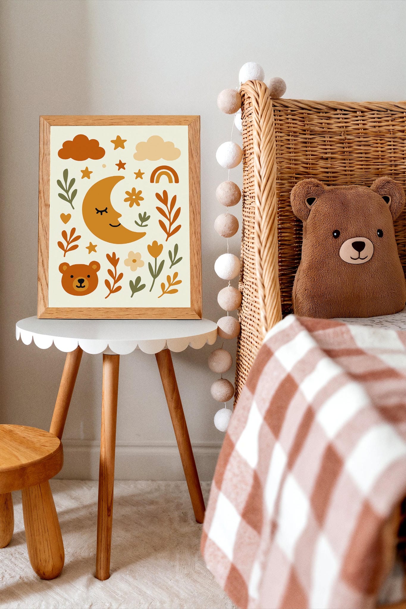 Boho Bear & Moon Poster – Floral Wall Art