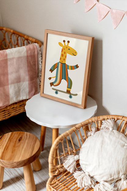 Whimsical Giraffe on Skateboard Poster - Kids Room Wall Art