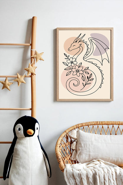 Line Art Dragon Poster - Kids Room Wall Art