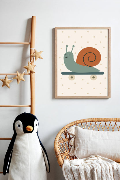 Skateboarding Snail Print - Scandinavian Kids Wall Art