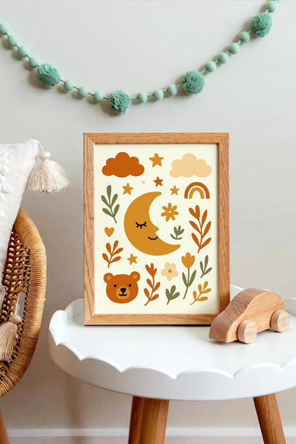 Boho Bear & Moon Poster – Floral Wall Art