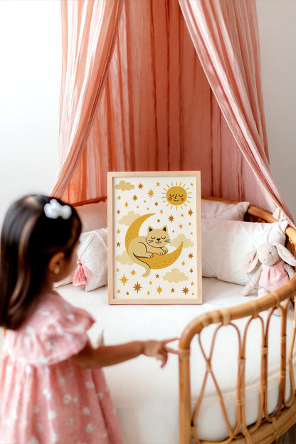 Sleeping Cat on the Moon Poster - Kids Room Wall Art