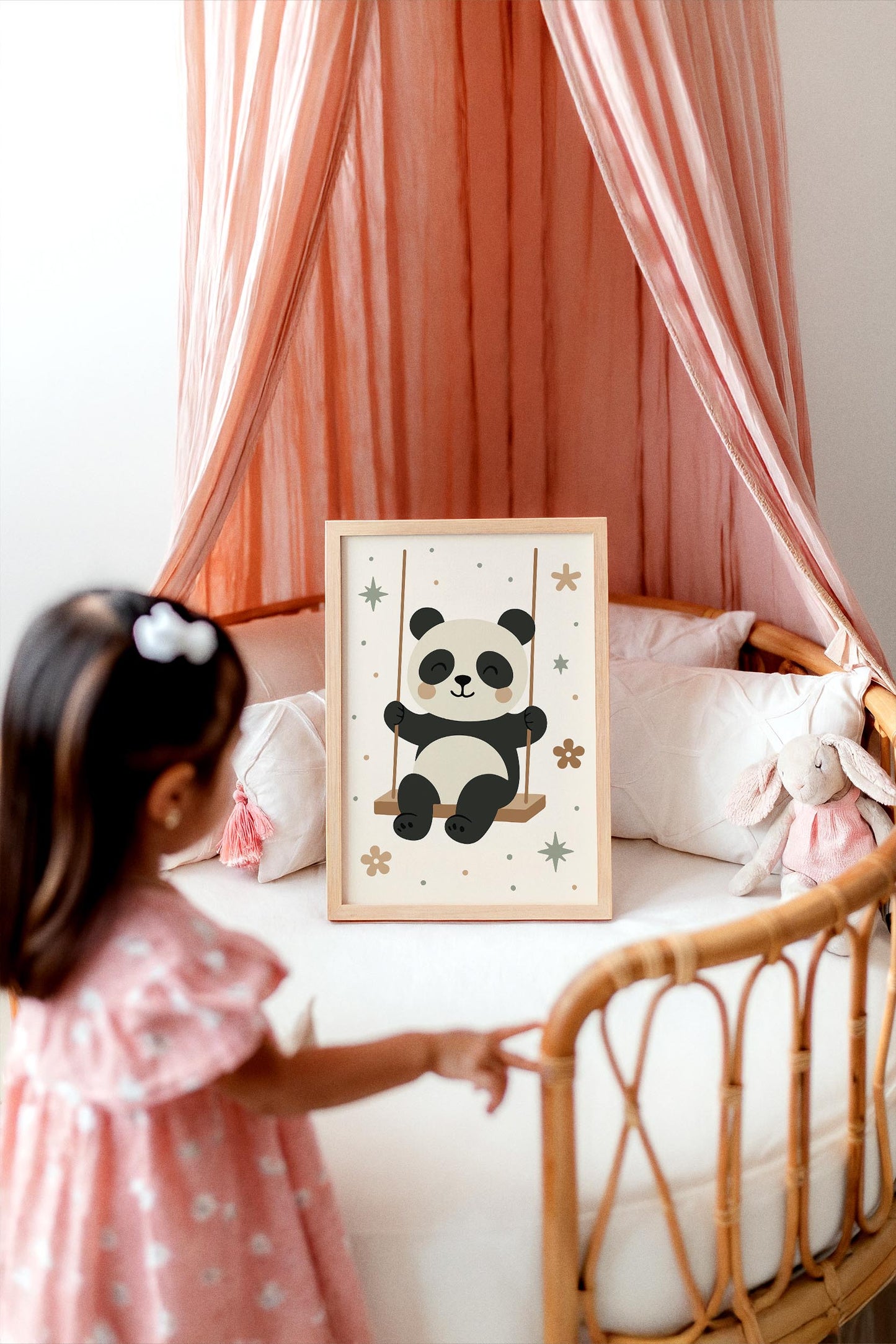 Panda on Swing Print - Cute Kids Wall Art