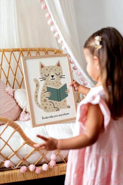 Reading Cat Print - Cute Kids Wall Art