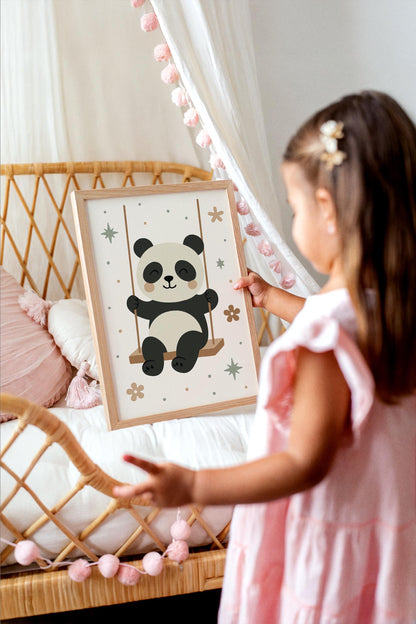 Panda on Swing Print - Cute Kids Wall Art