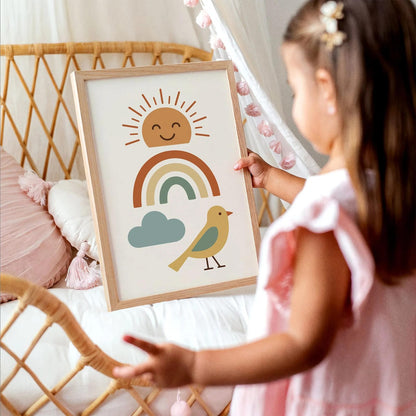 Cute Sun, Rainbow and Bird Poster - Kids Room Wall Decor