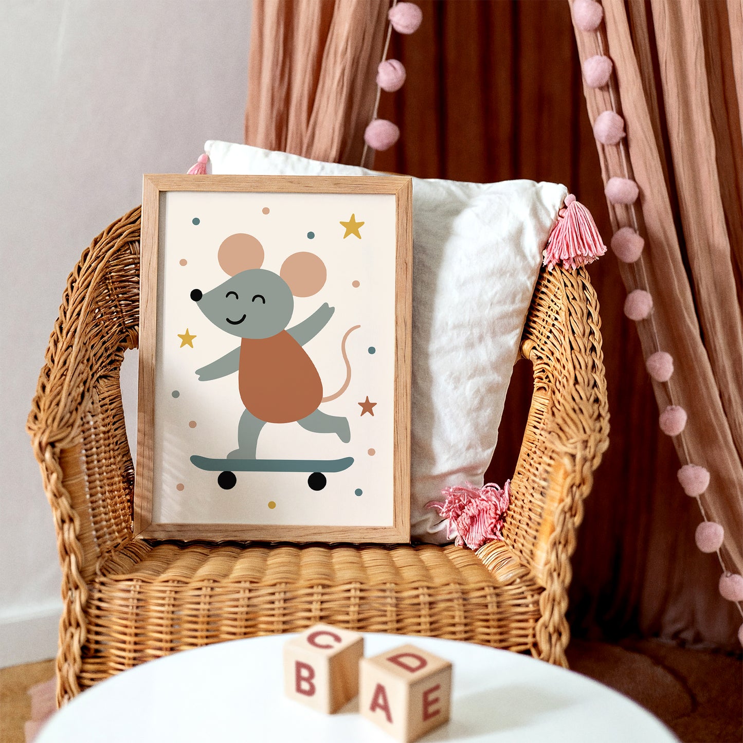 Cute Mouse Skateboarding Art Print – Kids Room Decor