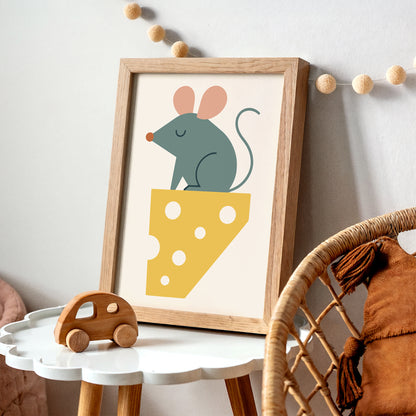 Little Mouse on Cheese – Whimsical Animal Art Print for Kids