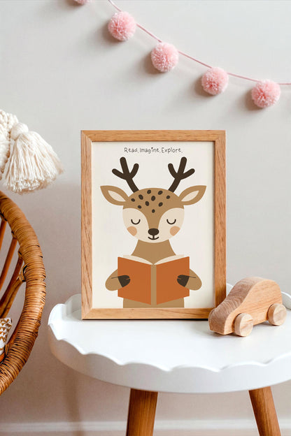 Reading Deer Print - Cute Kids Wall Art