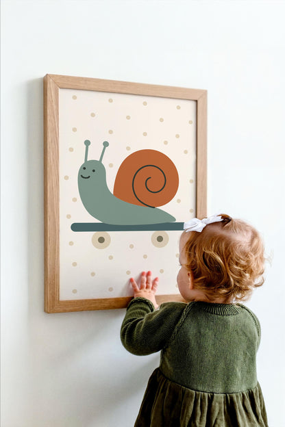 Skateboarding Snail Print - Scandinavian Kids Wall Art