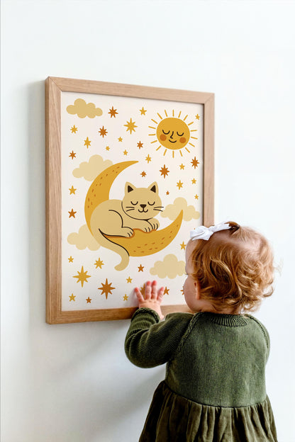 Sleeping Cat on the Moon Poster - Kids Room Wall Art