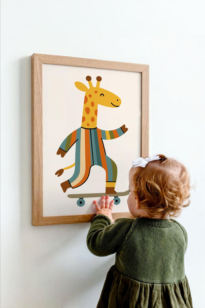 Whimsical Giraffe on Skateboard Poster - Kids Room Wall Art