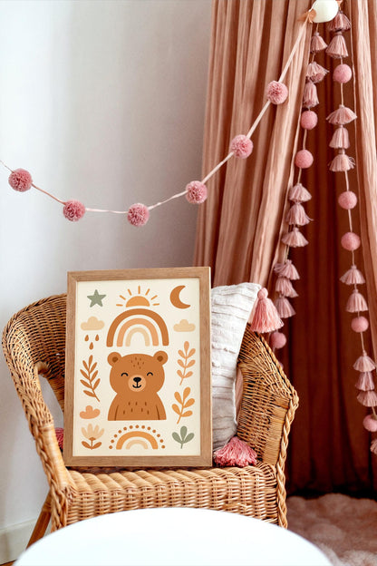 Friendly Bear Boho Chic Art Print – Cute Nursery Wall Decor