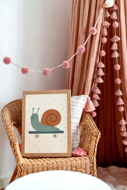 Skateboarding Snail Print - Scandinavian Kids Wall Art
