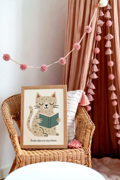 Reading Cat Print - Cute Kids Wall Art