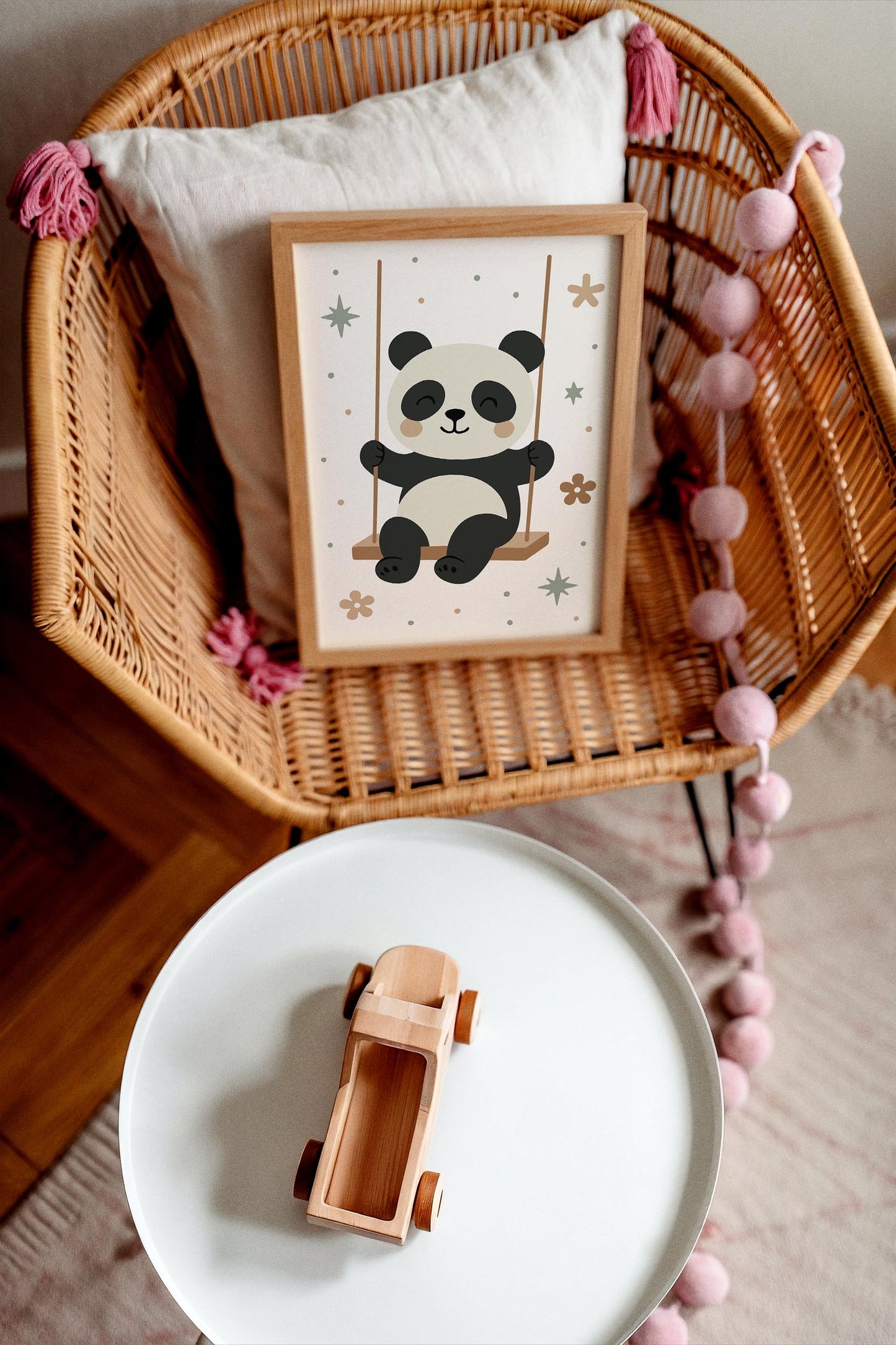 Panda on Swing Print - Cute Kids Wall Art