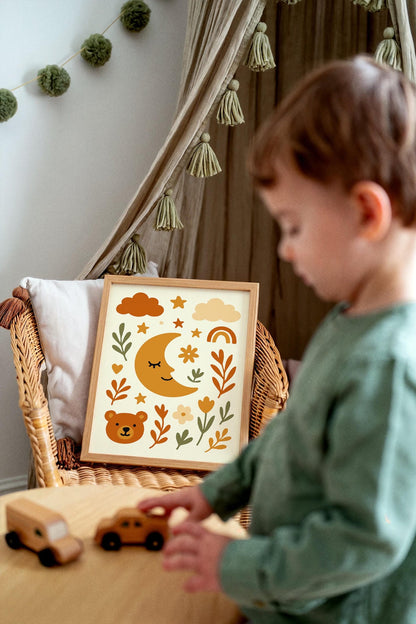 Boho Bear & Moon Poster – Floral Wall Art
