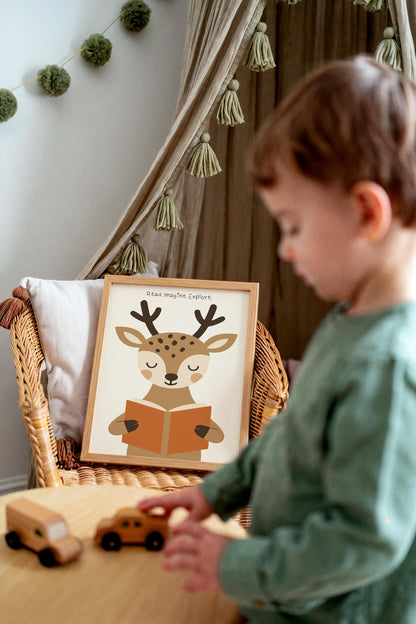 Reading Deer Print - Cute Kids Wall Art