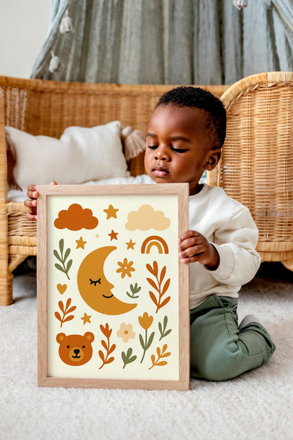 Boho Bear & Moon Poster – Floral Wall Art