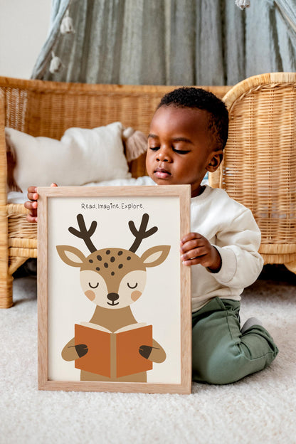 Reading Deer Print - Cute Kids Wall Art