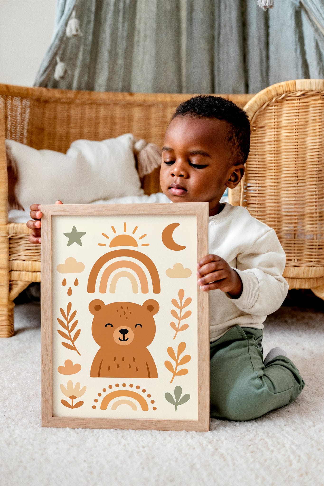 Friendly Bear Boho Chic Art Print – Cute Nursery Wall Decor