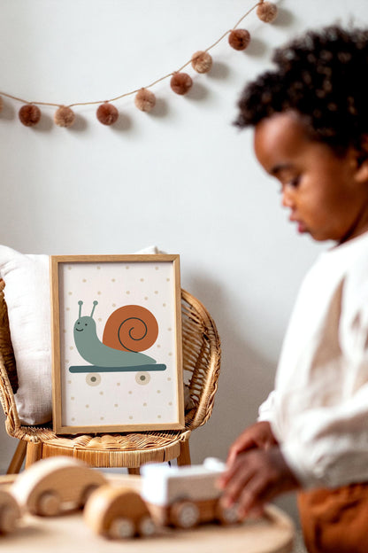 Skateboarding Snail Print - Scandinavian Kids Wall Art