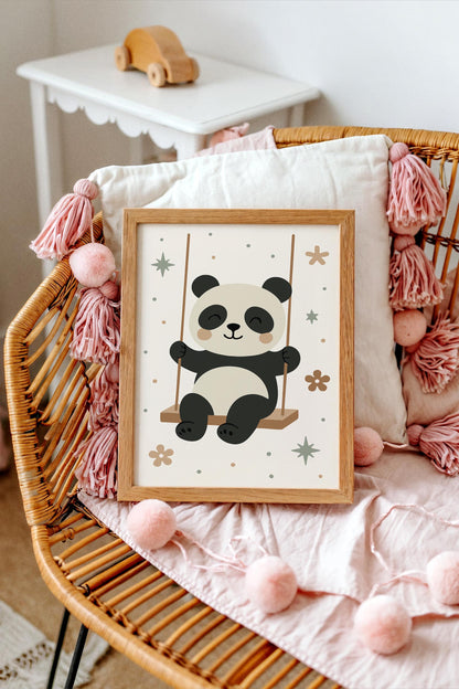 Panda on Swing Print - Cute Kids Wall Art