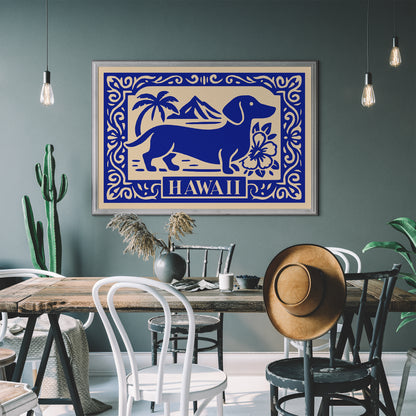 Dachshund Dog on Hawaii Poster - Blue Travel Print