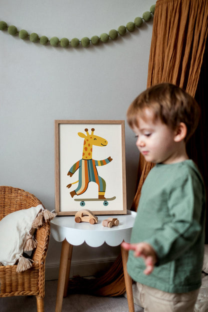 Whimsical Giraffe on Skateboard Poster - Kids Room Wall Art