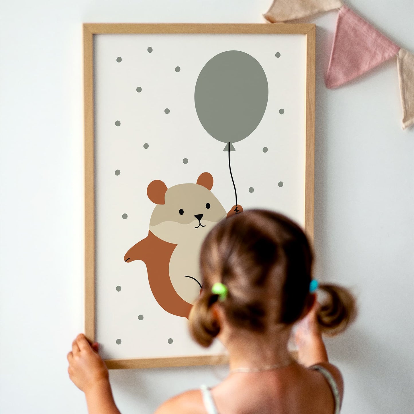 Funny Hamster Flying on Baloon Art Print - Kids room decor