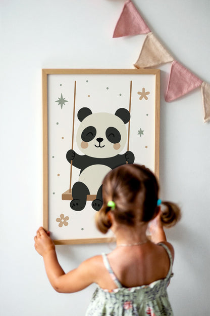 Panda on Swing Print - Cute Kids Wall Art