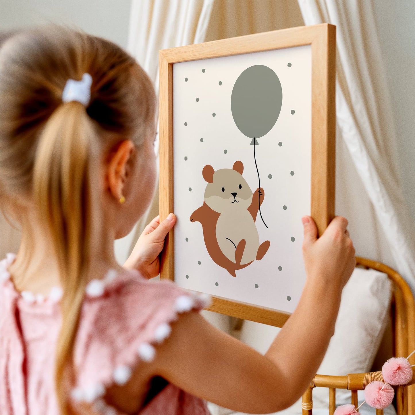 Funny Hamster Flying on Baloon Art Print - Kids room decor