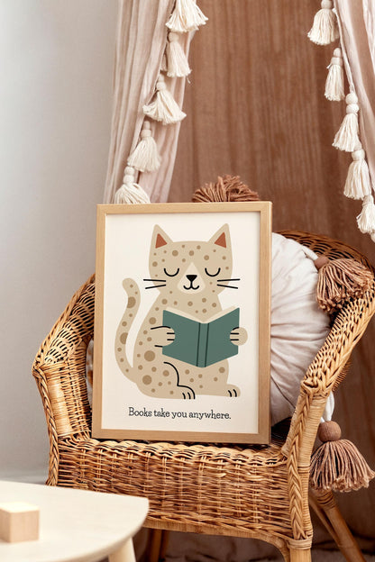 Reading Cat Print - Cute Kids Wall Art
