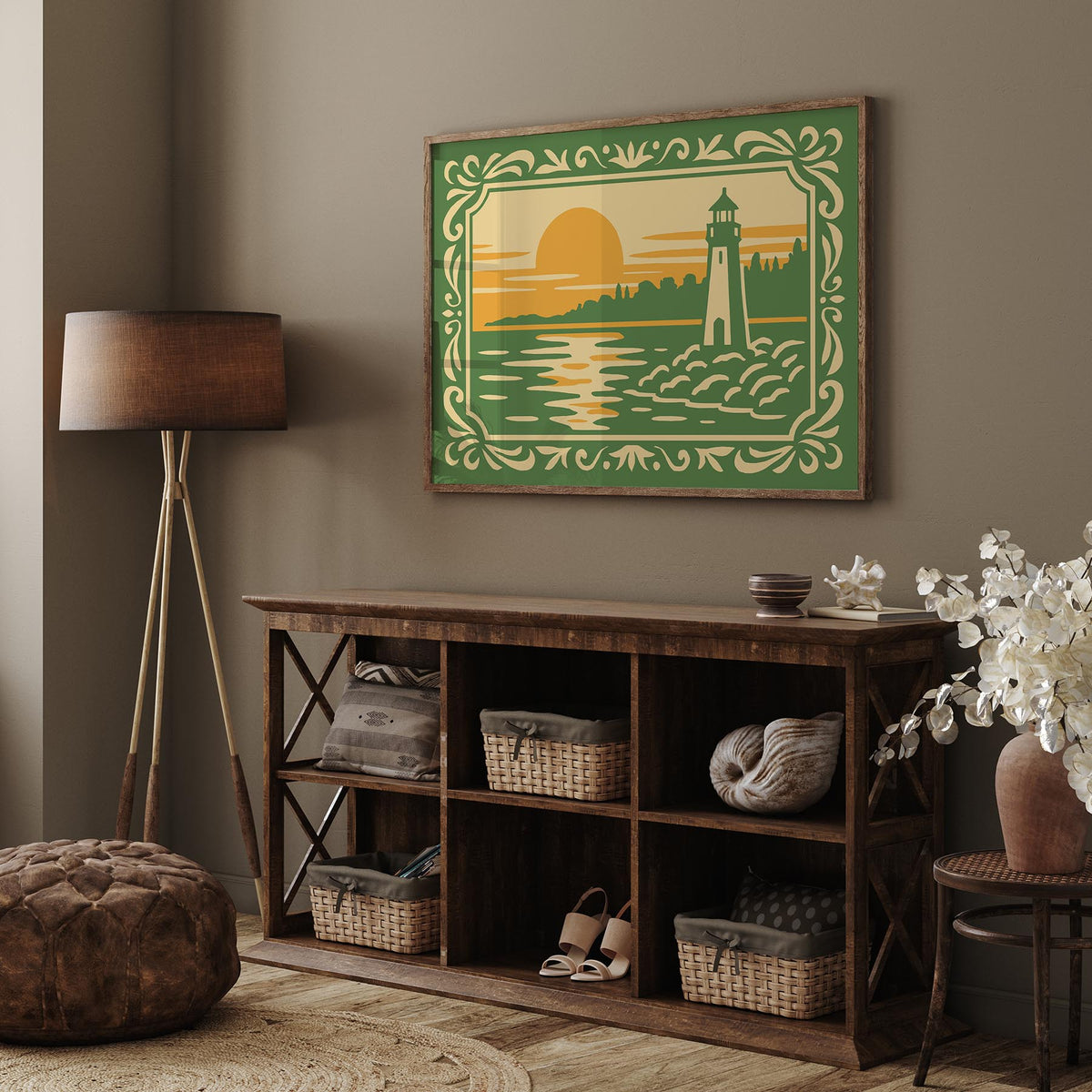 Lighthouse Sunset Seaside Landscape Art Poster