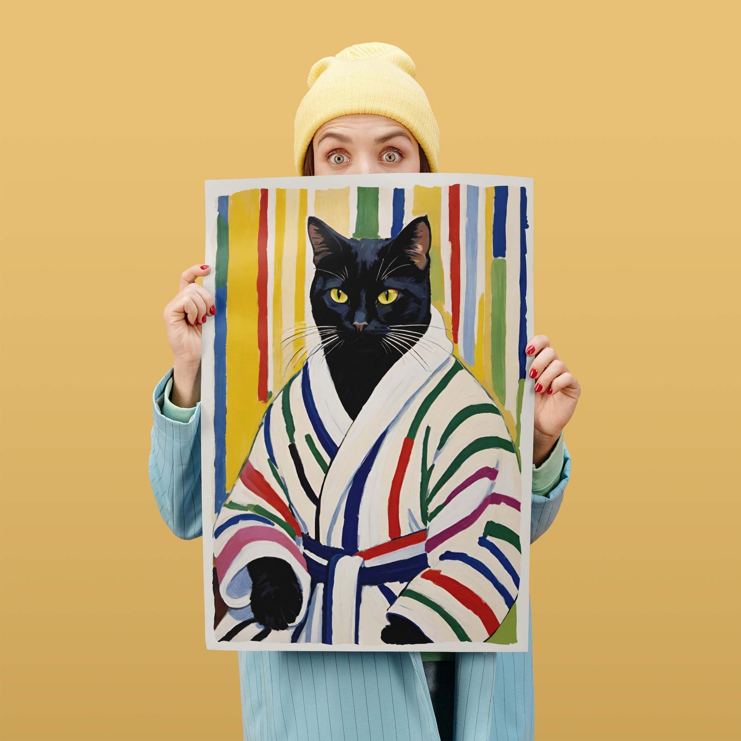 Black Cat Bathroom Portrait Print