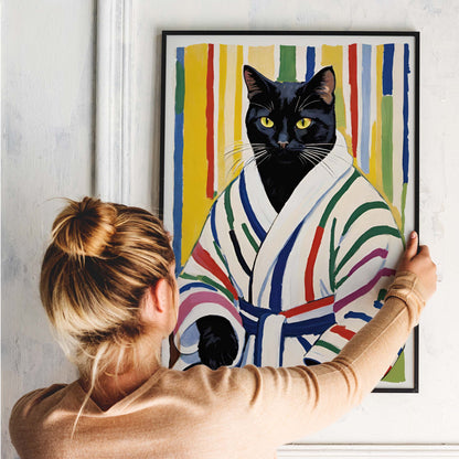 Black Cat Bathroom Portrait Print