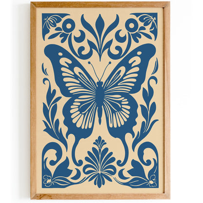 Blue Butterfly Rococo Style Poster
