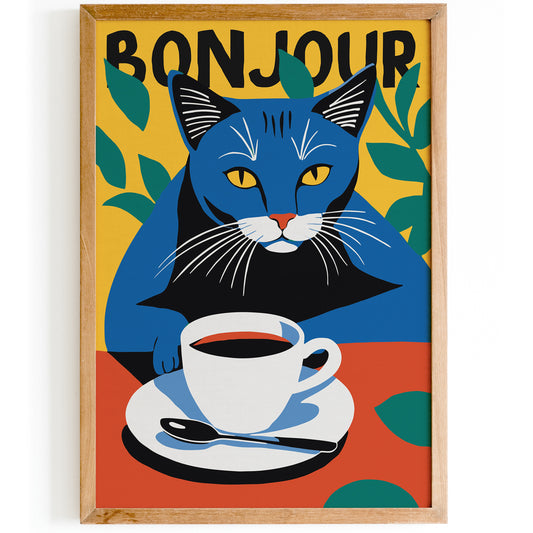 Bonjour Coffee Cat Wall Art Print