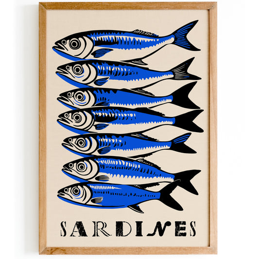 Blue Sardines Art Print Retro Kitchen Decor