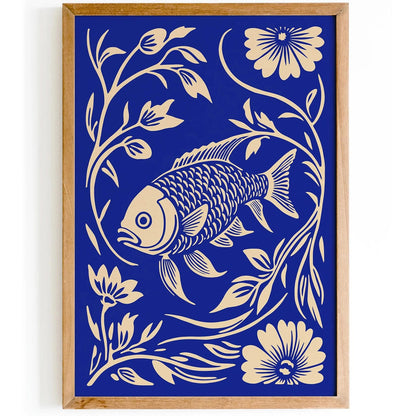 Floral Indigo Fish Poster – Blue Nature Wall Art
