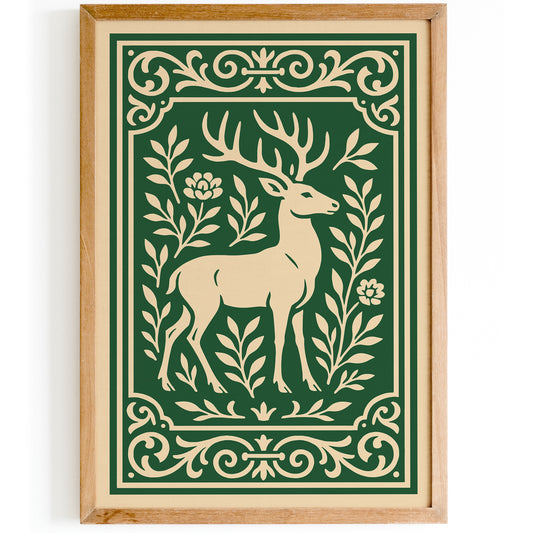Green Linocut of Deer Poster
