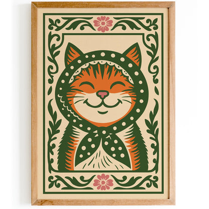 Whimsical Cat Poster - Folk Art Animal Wall Print