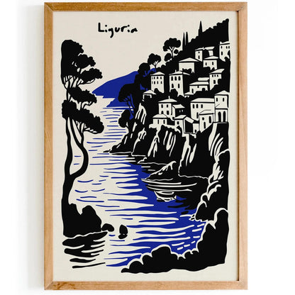 Liguria Italy Travel Art Print – Black & Blue