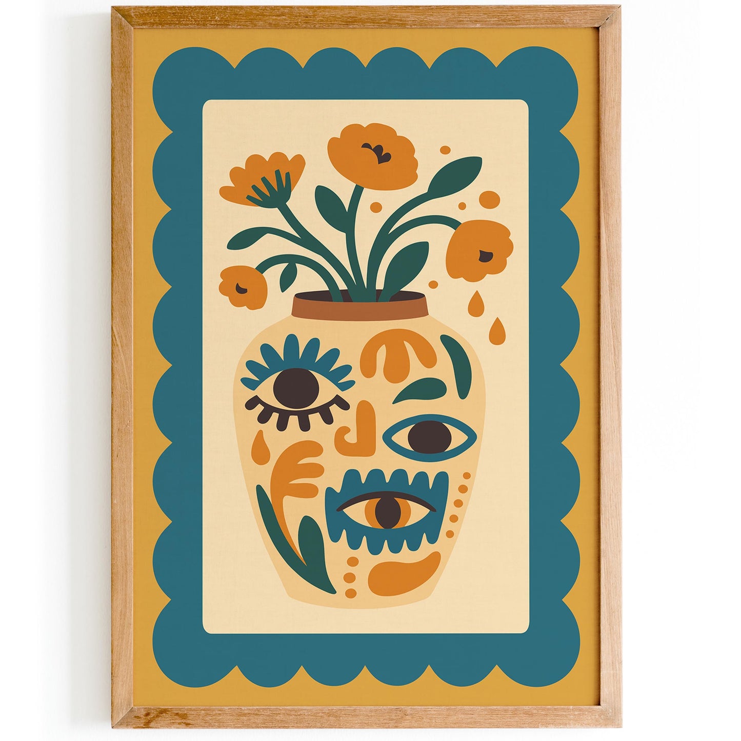 Boho Floral Vase with Eyes – Retro Wall Art