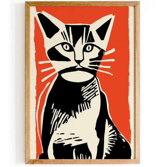 Retro Cat Linocut Wall Art Poster